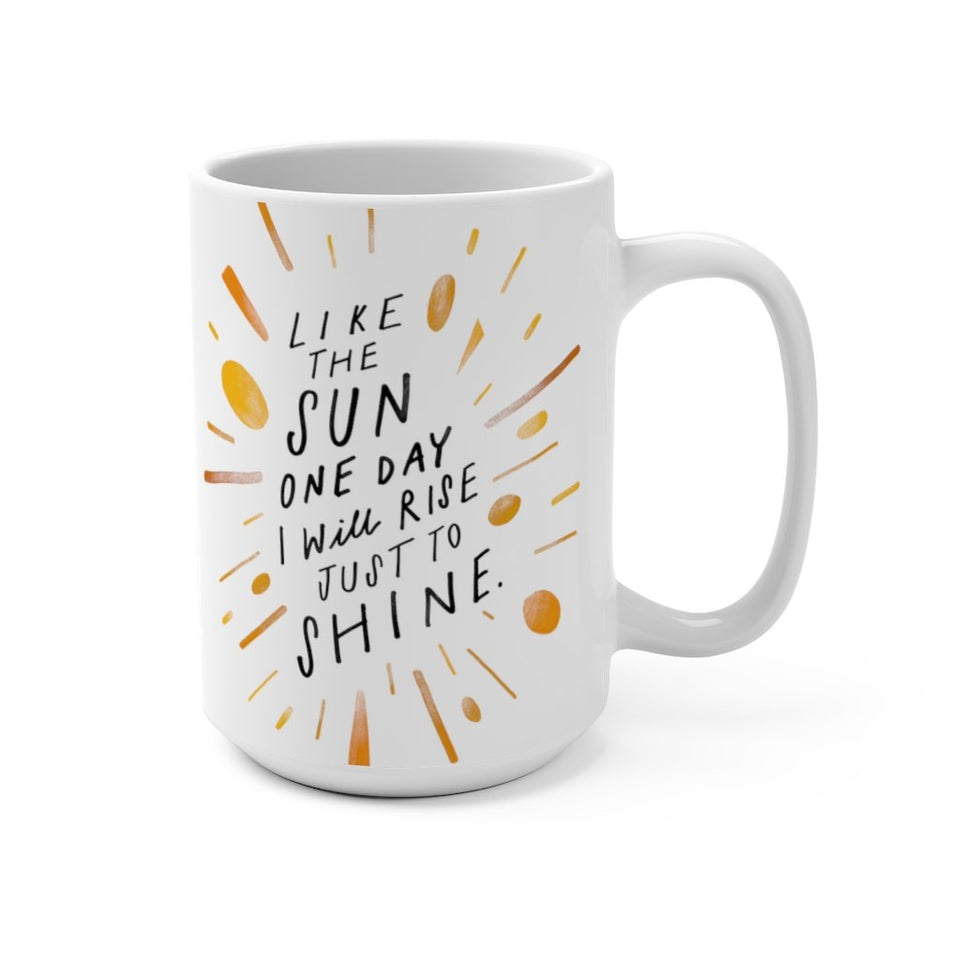 Short poem about living your best life featured in bright, whimsical hand-lettering on a beautiful 15 oz white coffee mug.