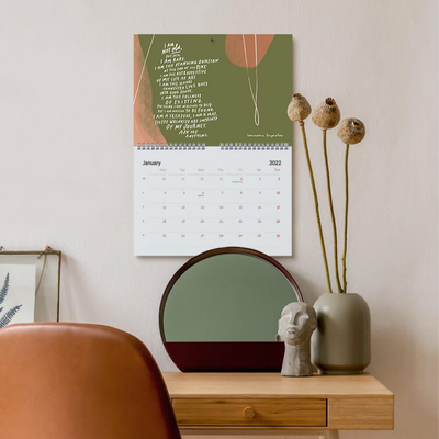 Horizontal A4 spiral bound calendar for 2022 with punch hole for hanging . Poems and colourful abstract art for each month of the year by bentlily, Samantha Reynolds. Printed on demand by Gelato.