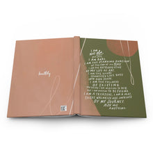 Load image into Gallery viewer, Top view of full hardcover journal cover with beautiful abstract green and pink art featuring the poem, “I Am Not Old” by Samantha Reynolds on the cover.
