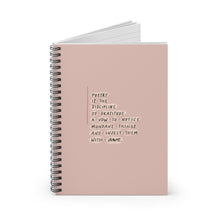 Load image into Gallery viewer, Spiral notebook, standing up on table, showing the illustrated cover featuring an inspiring quote about poetry and awe.
