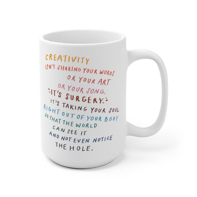 15 oz white coffee mug decorated with poem or quote about creativity in bright colors.