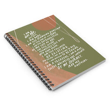 Load image into Gallery viewer, A5, 6” x 8” spiral journal, laying on table, showing the cover art featuring poem, “I Am Not Old” by Samantha Reynolds.
