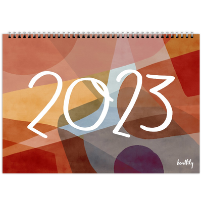 Horizontal A4 spiral bound calendar for 2022 with punch hole for hanging . Poems and colourful abstract art for each month of the year by bentlily, Samantha Reynolds. Printed on demand by Gelato.